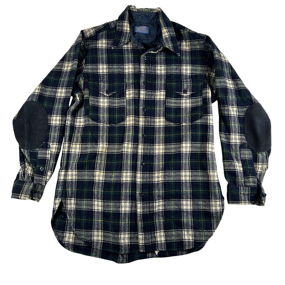 Vintage Pendleton Shirt Mens Large Blue Plaid Wool Lined Elbow Patches USA
